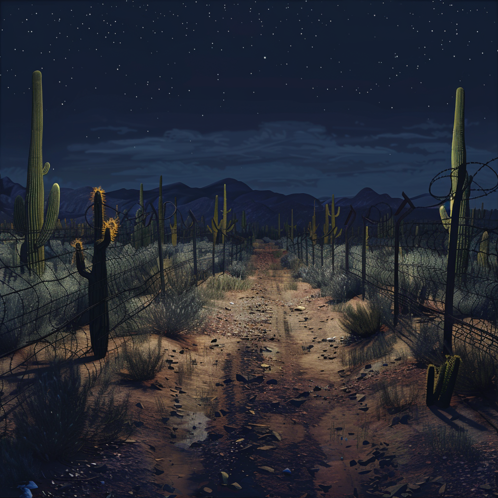 Desert wasteland nighttime scene cacti