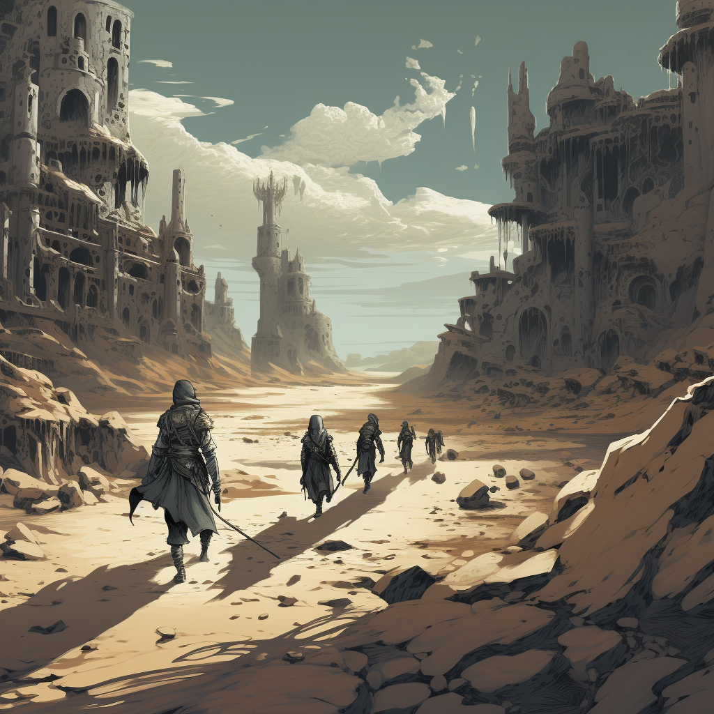 Adventuring party facing mysterious desert monsters