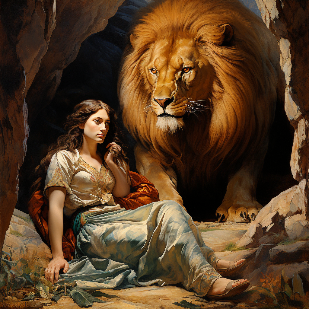 Girl leaving desert cave with lion