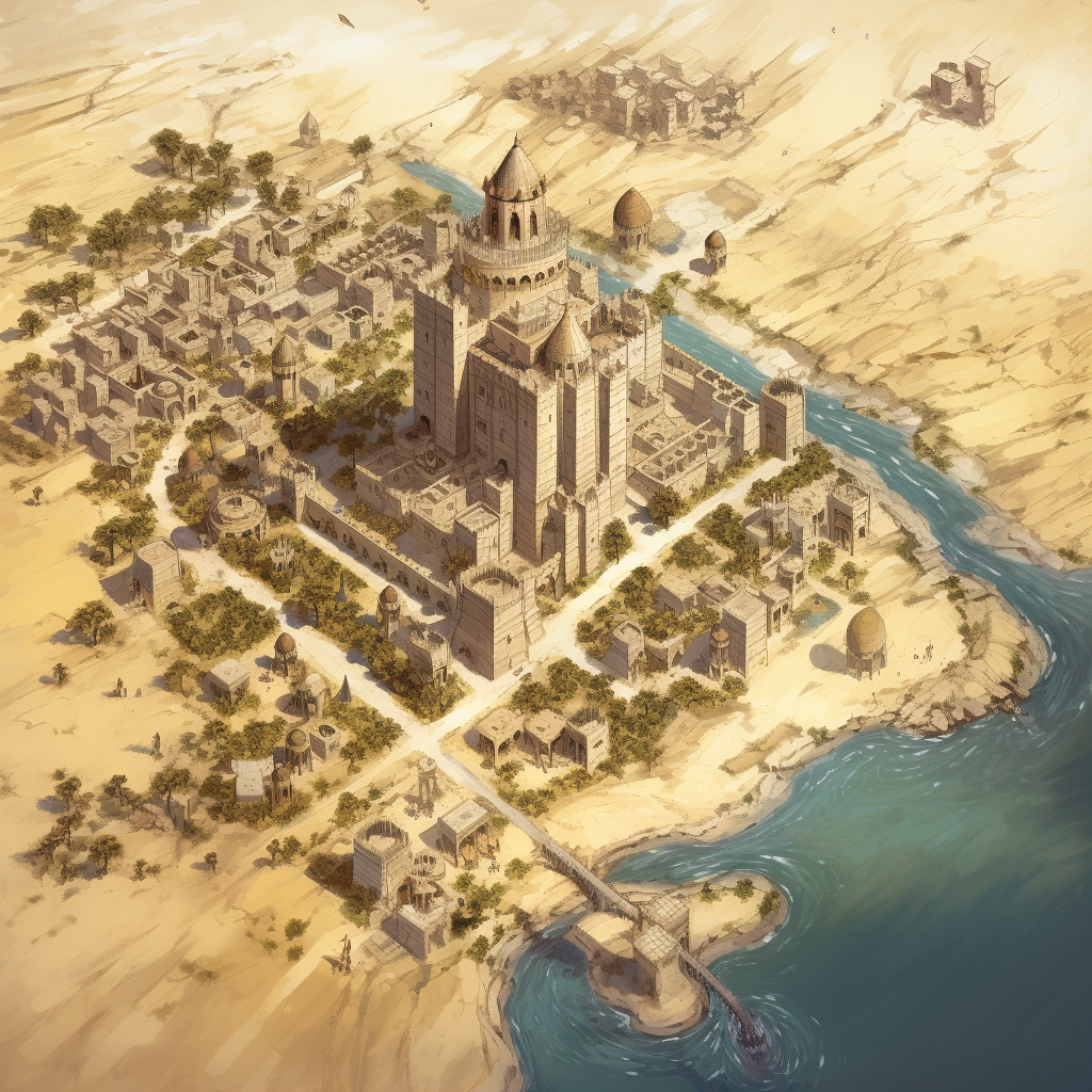 Desert city with river and central tower