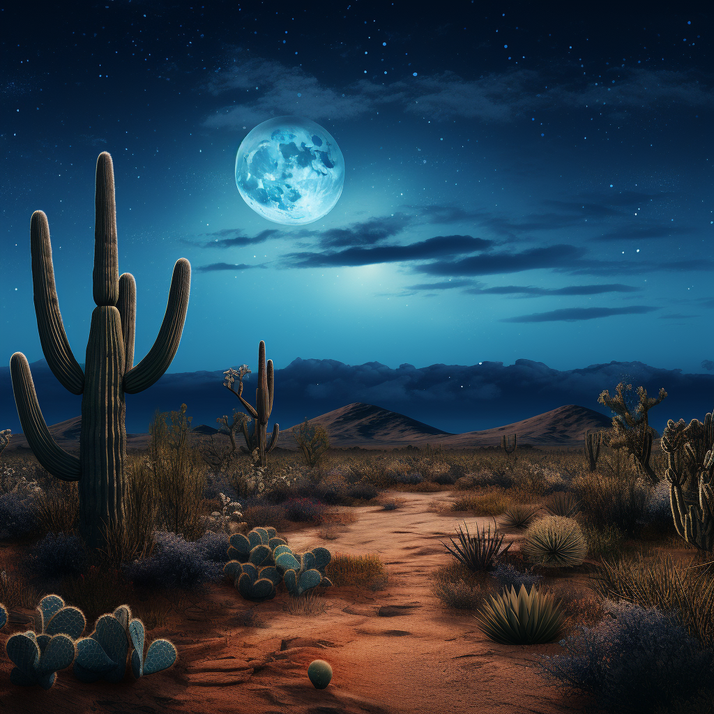 Nighttime Desert Landscape with Blue Moon Mountains and Cactus