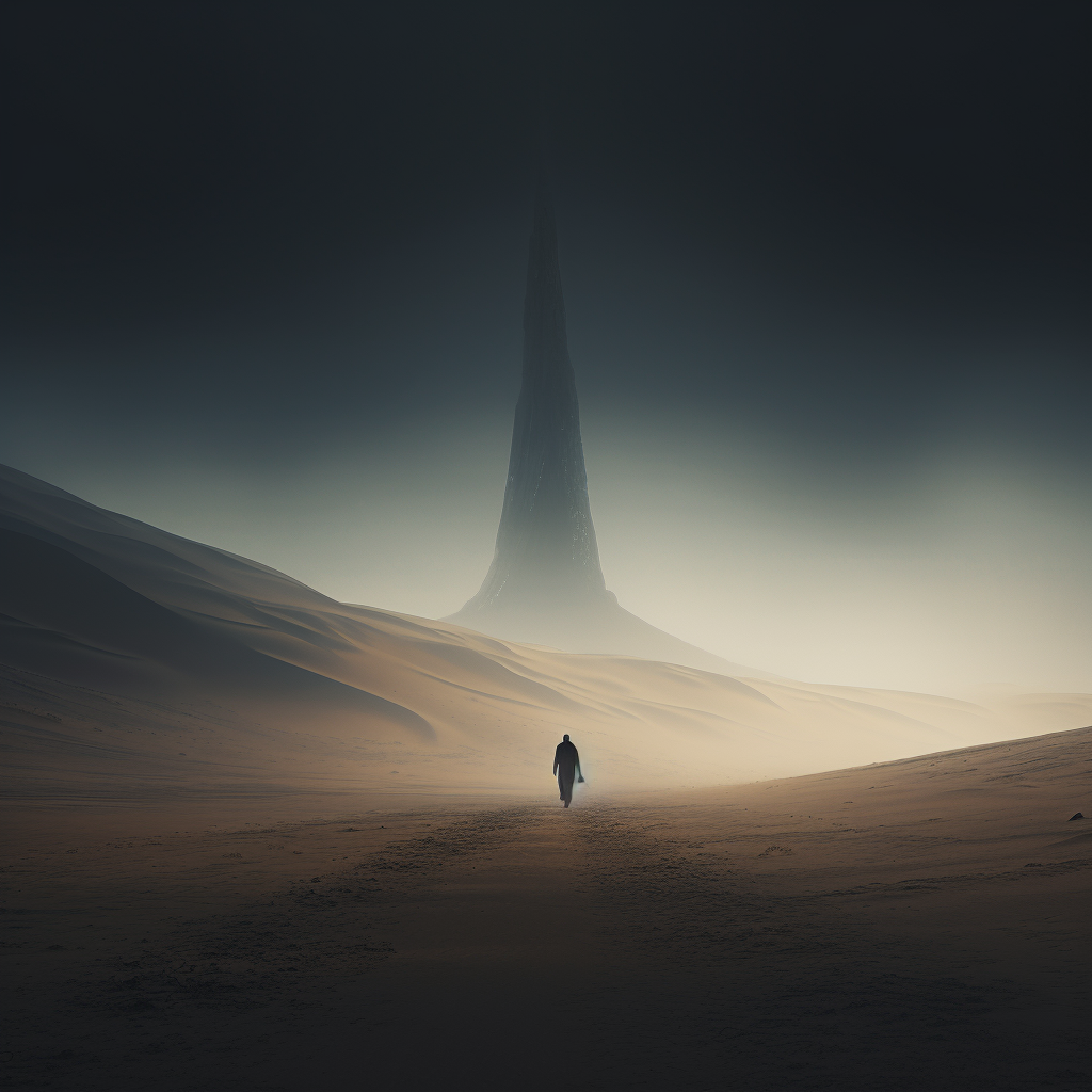 Desert Landscape with Lonely Person and Futuristic Architecture