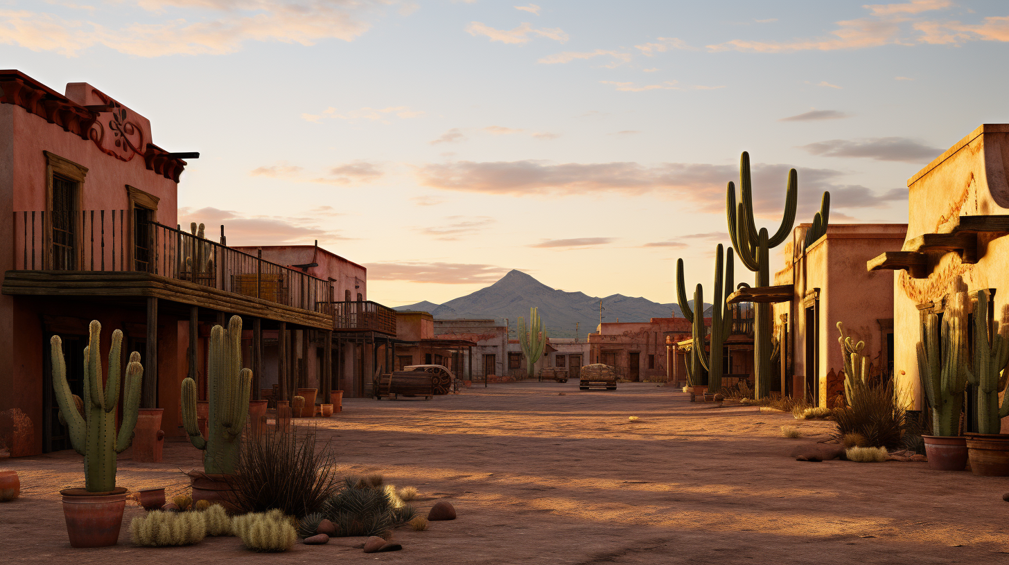 Photorealistic sunrise in a Mexican town with cactus and saloon