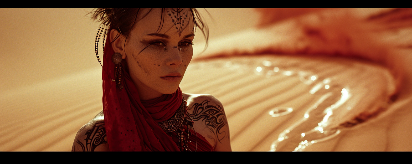 Beautiful tattooed sorceress using telepathy in desert fantasy scene