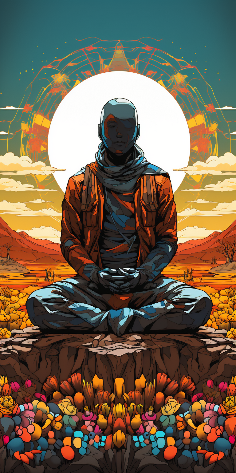 Stone man meditating in desert