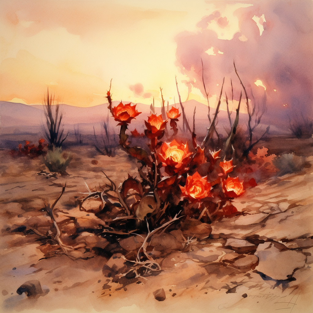 Burning thorns on desert background - watercolor painting