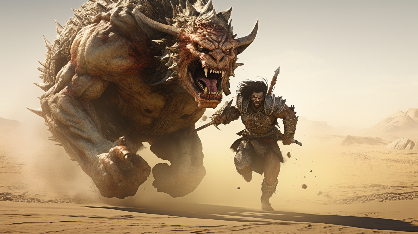 Brave desert warrior chasing fleeing orc soldier