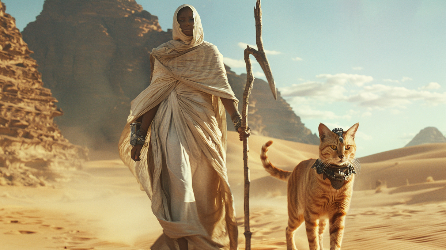 Black woman with cat and staff in desert