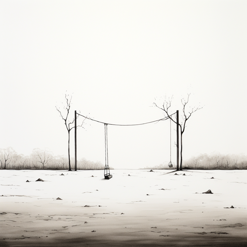 Minimalist depiction of a deserted playground swing