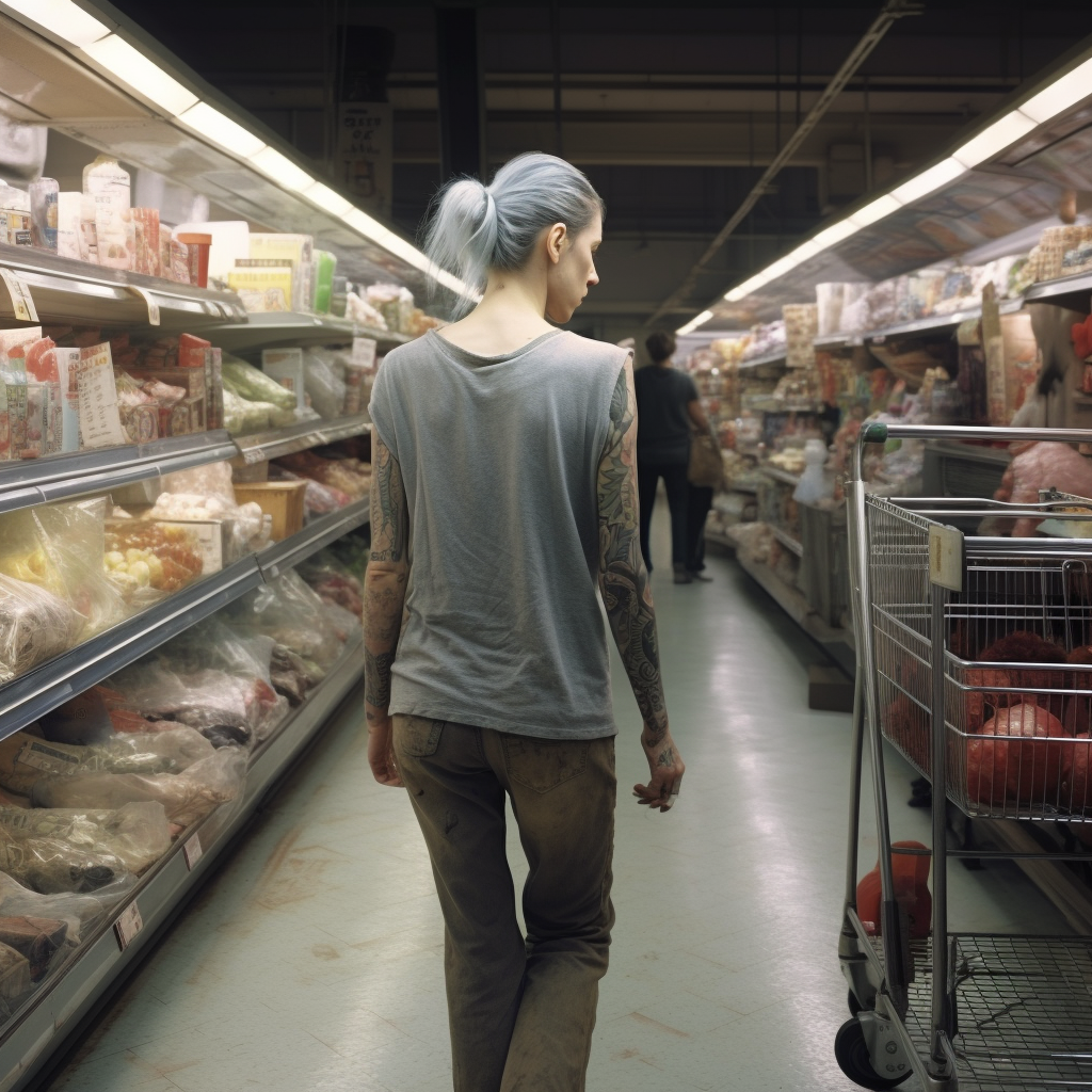 Mottled and Grey Woman in Supermarket Aisle