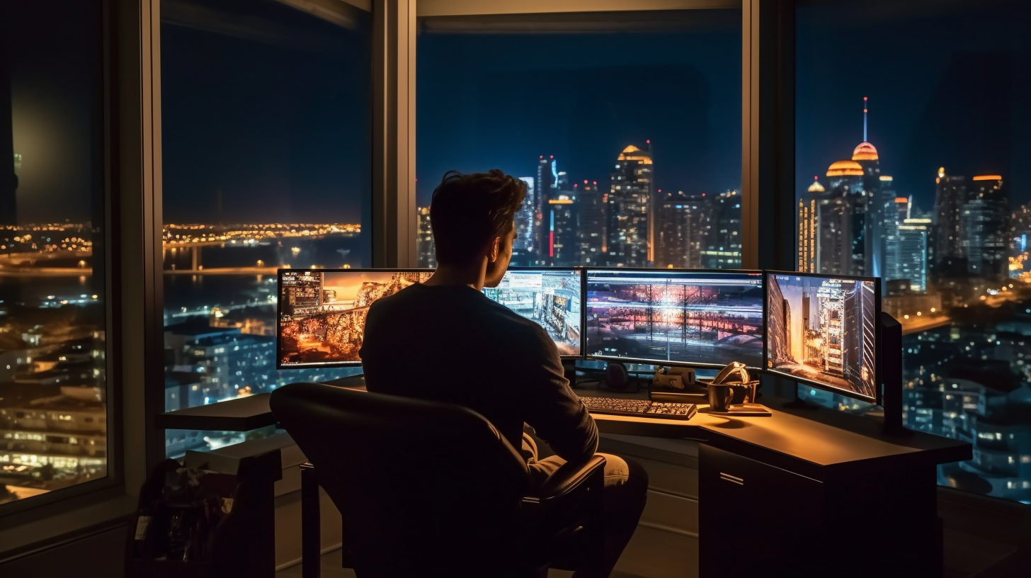 Designer Male Sitting on Modern Chair with Illuminated Monitors