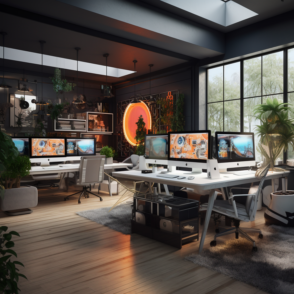 Photorealistic image of designer studio with computers and designs