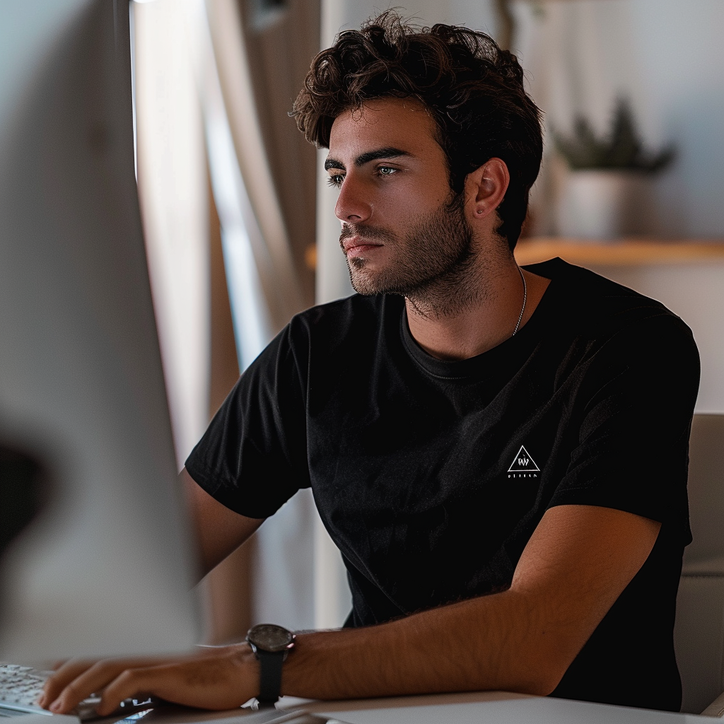 Designer in black t-shirt working