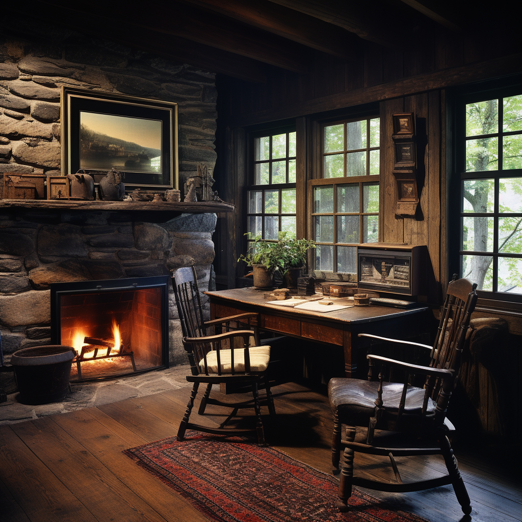 Desk area next to fireplace in cabin