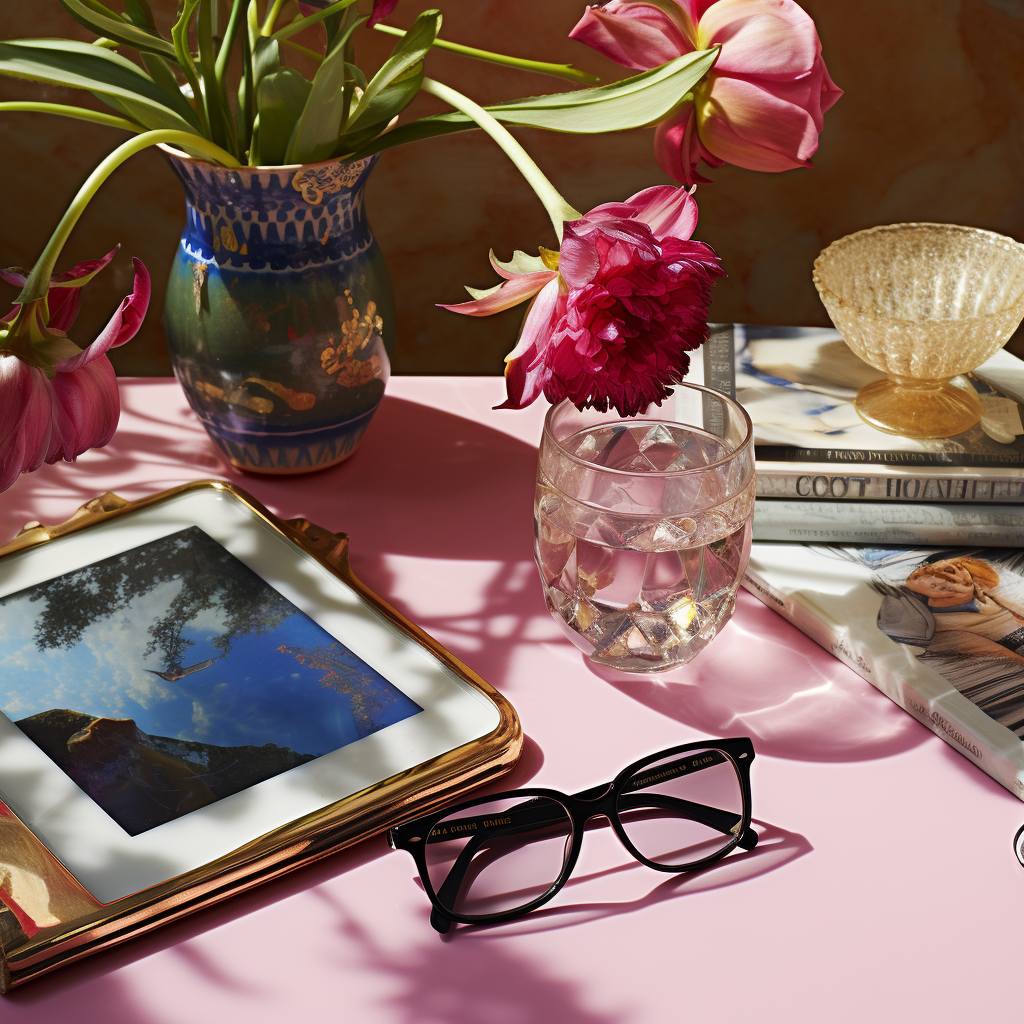 Desk with iPad and Exotic Flowers