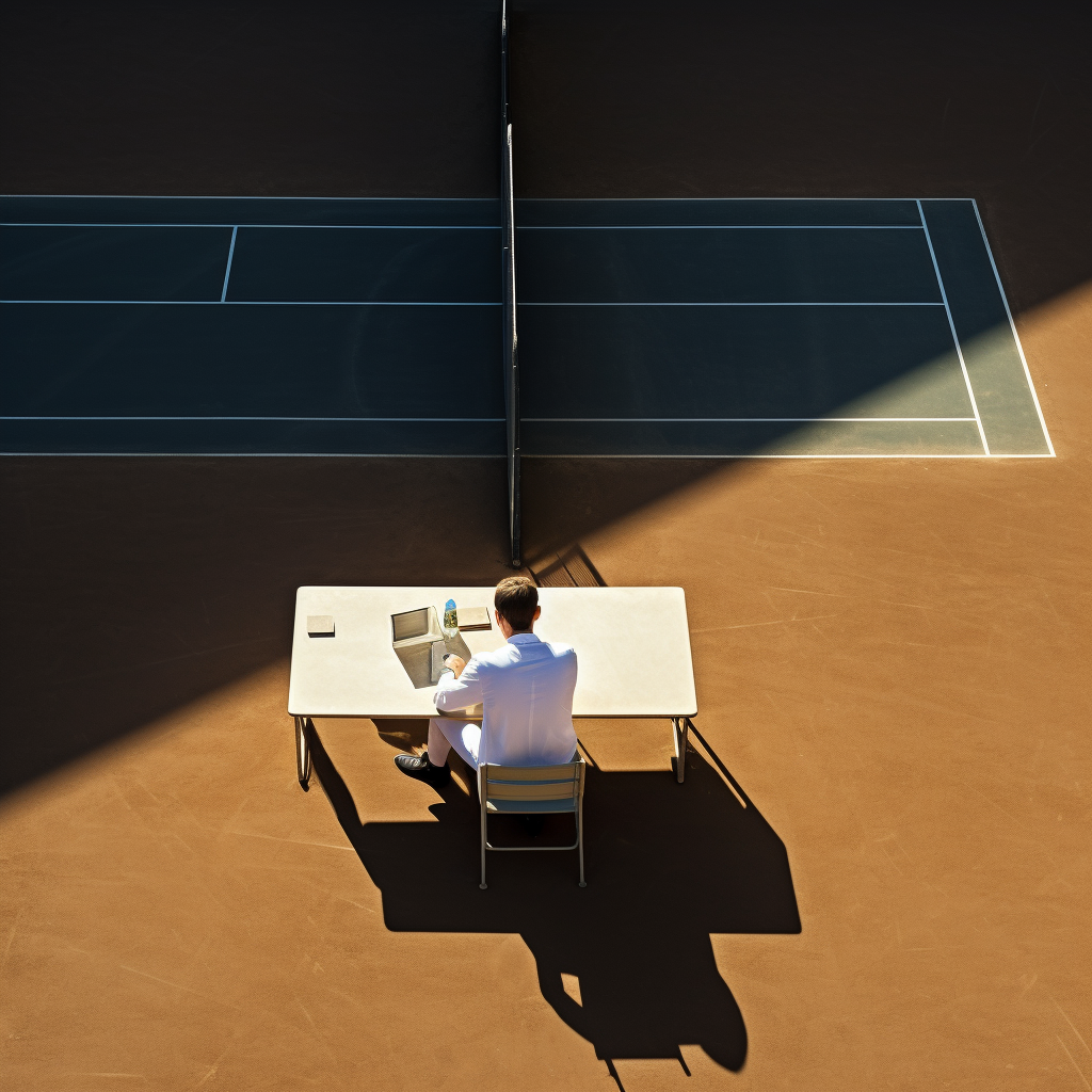 Worker at Desk in Tennis Stadium