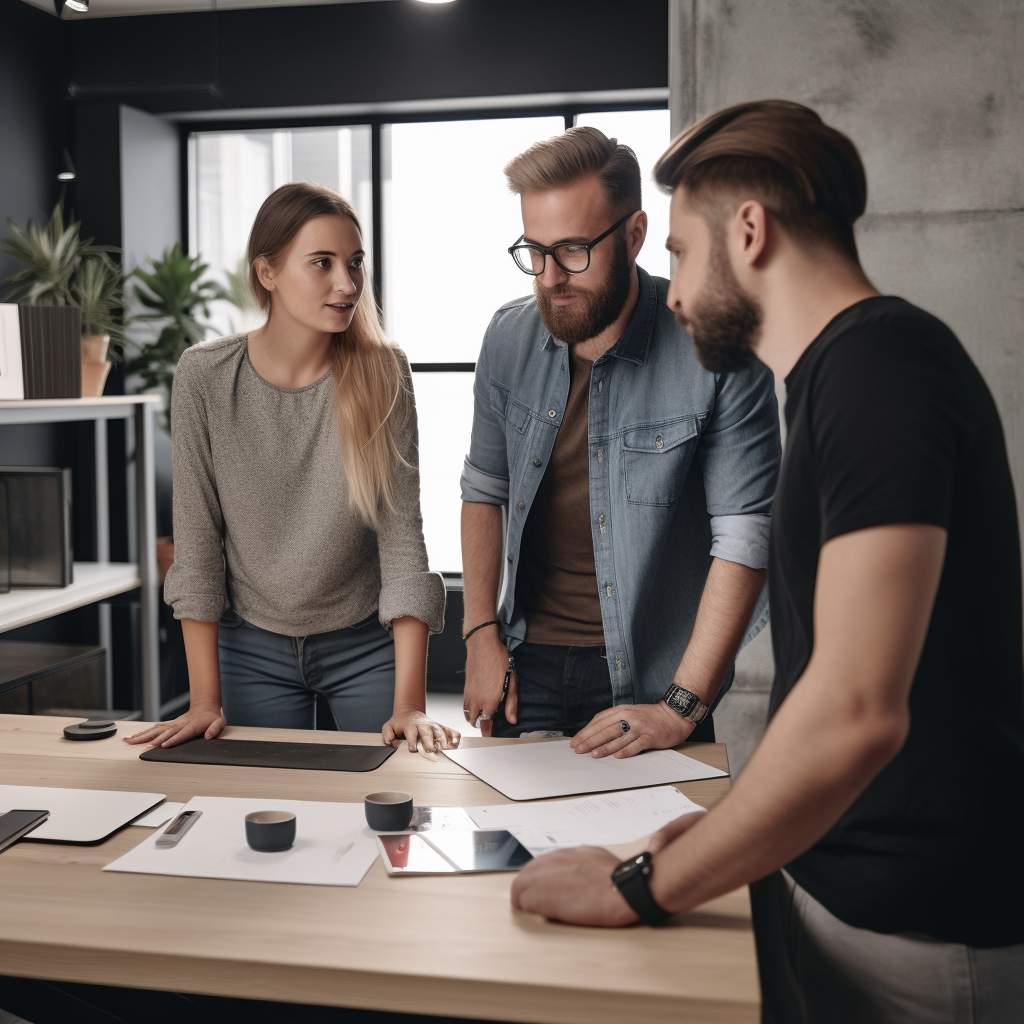 Three individuals talking around an office desk.