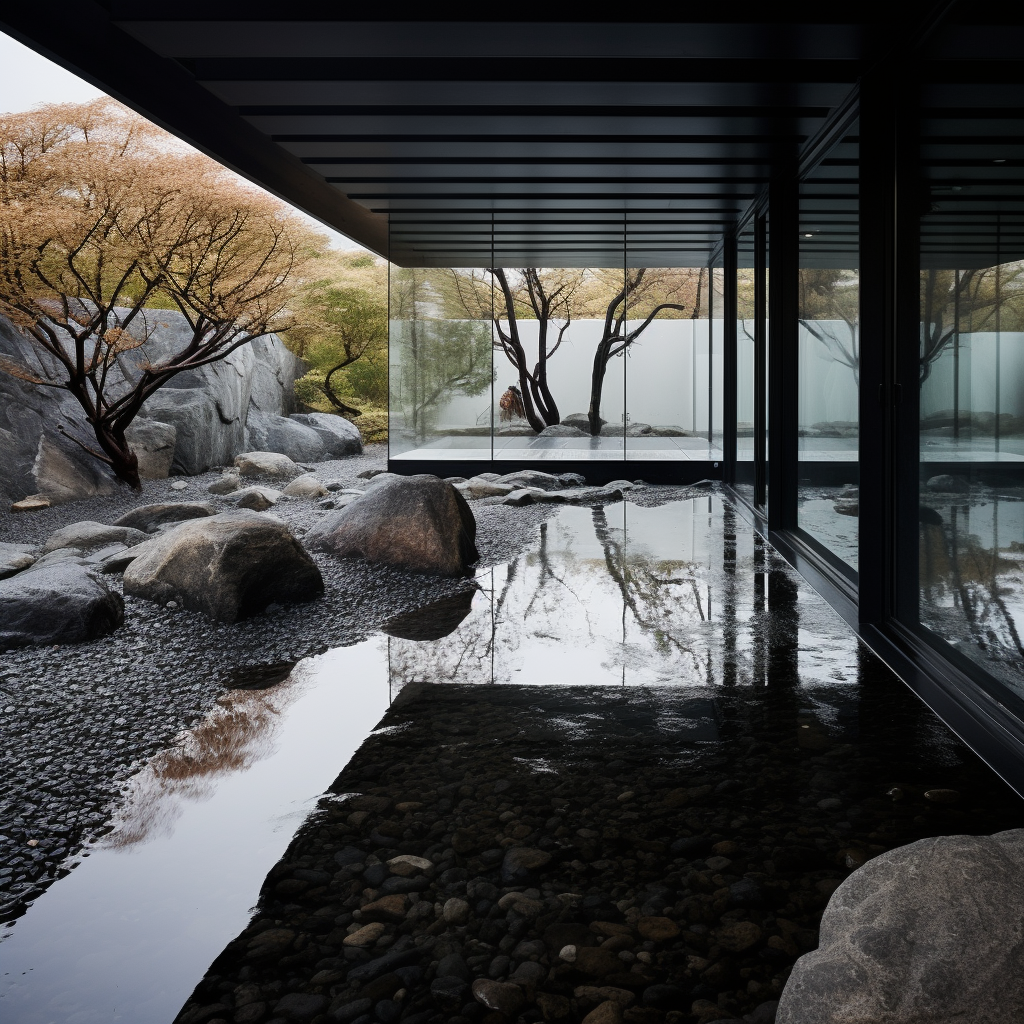 Desolate garden with black rocks, puddles, and white walls