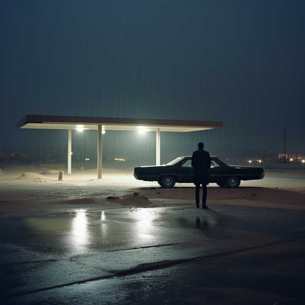 Young man on Lincoln Continental rooftop