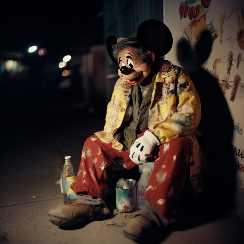 Despairing Mexican American in Mickey Mouse Costume on City Street