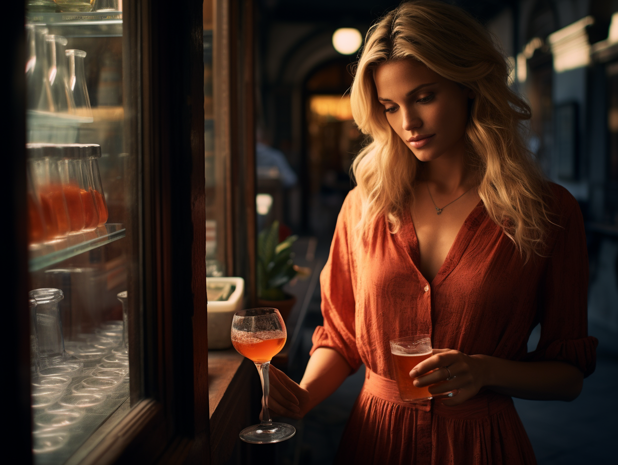 Blonde girl ordering wine amidst Aperol Spritz