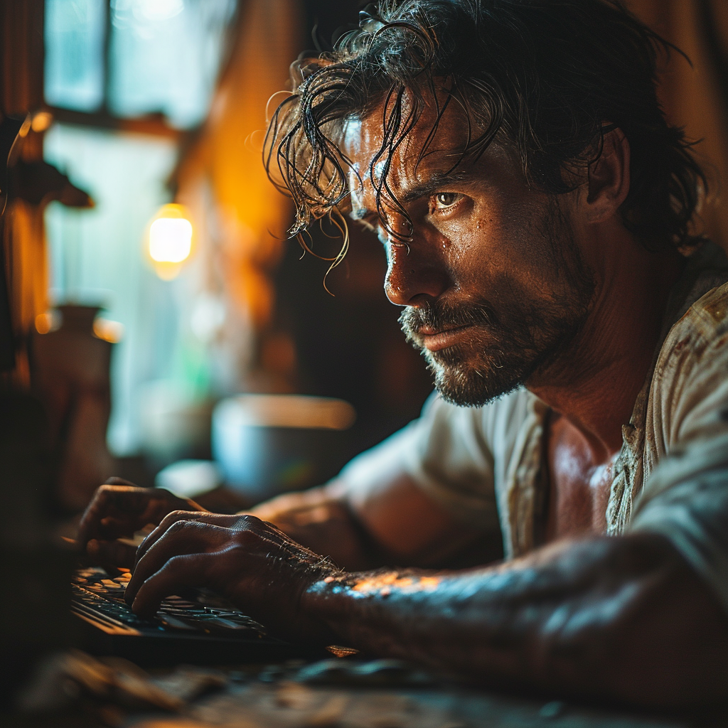 Muscular man sitting at computer with steroids