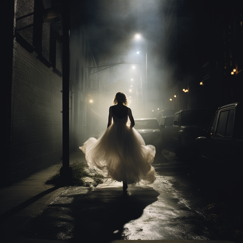 Desperate girl running down a dark street