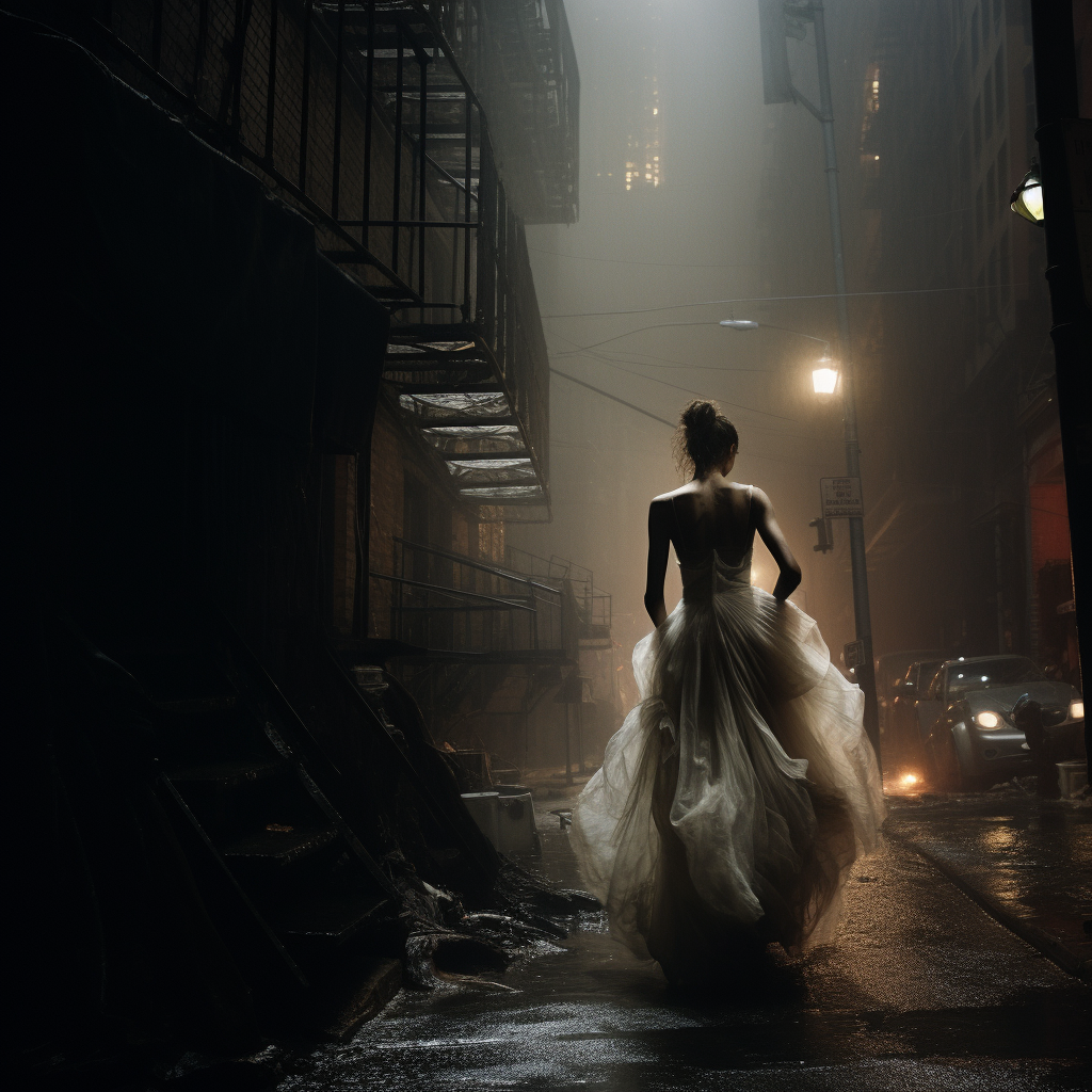 Woman in white dress running on eerie street