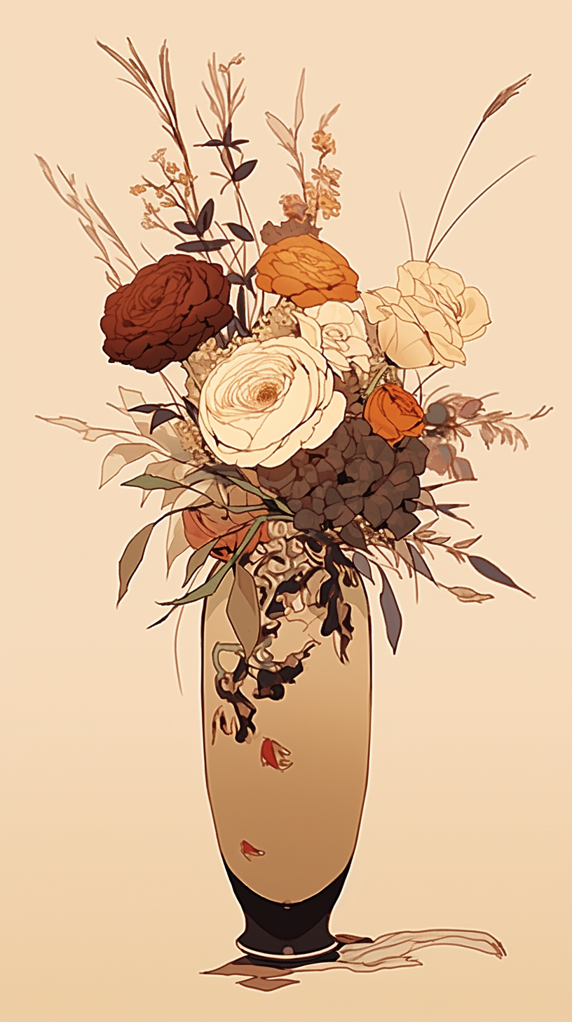 Analog painting of dessert vase with wilted flowers