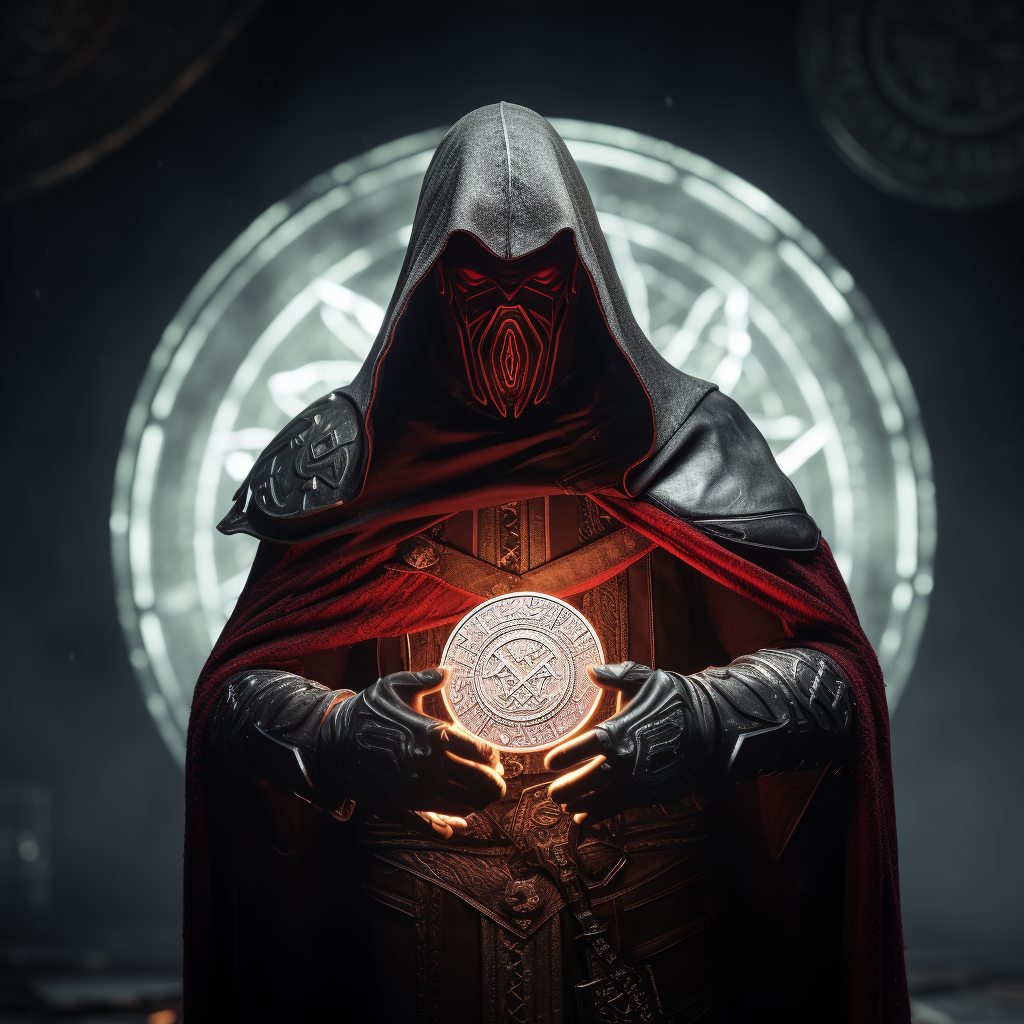 The Drifter holding a red coin in medieval setting