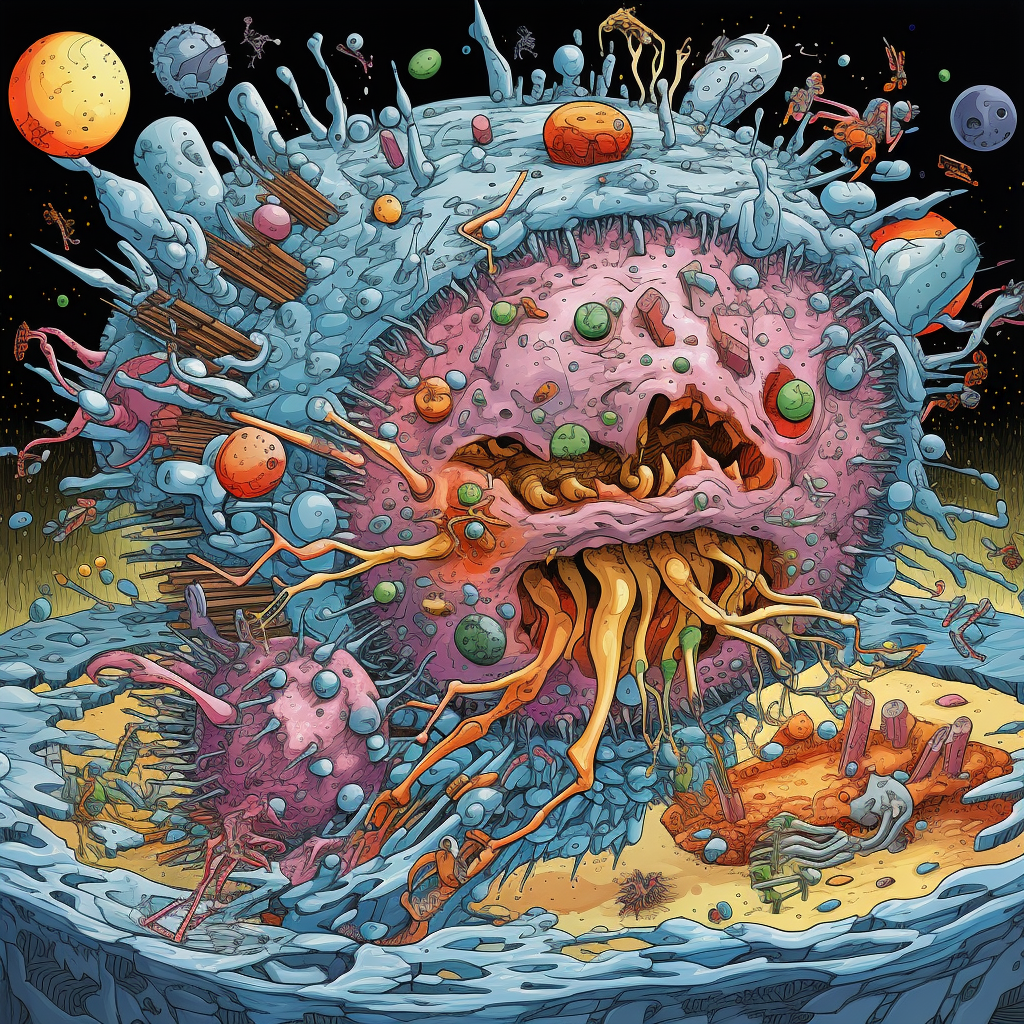 Image of destroyed cancer cell with disabled proteins