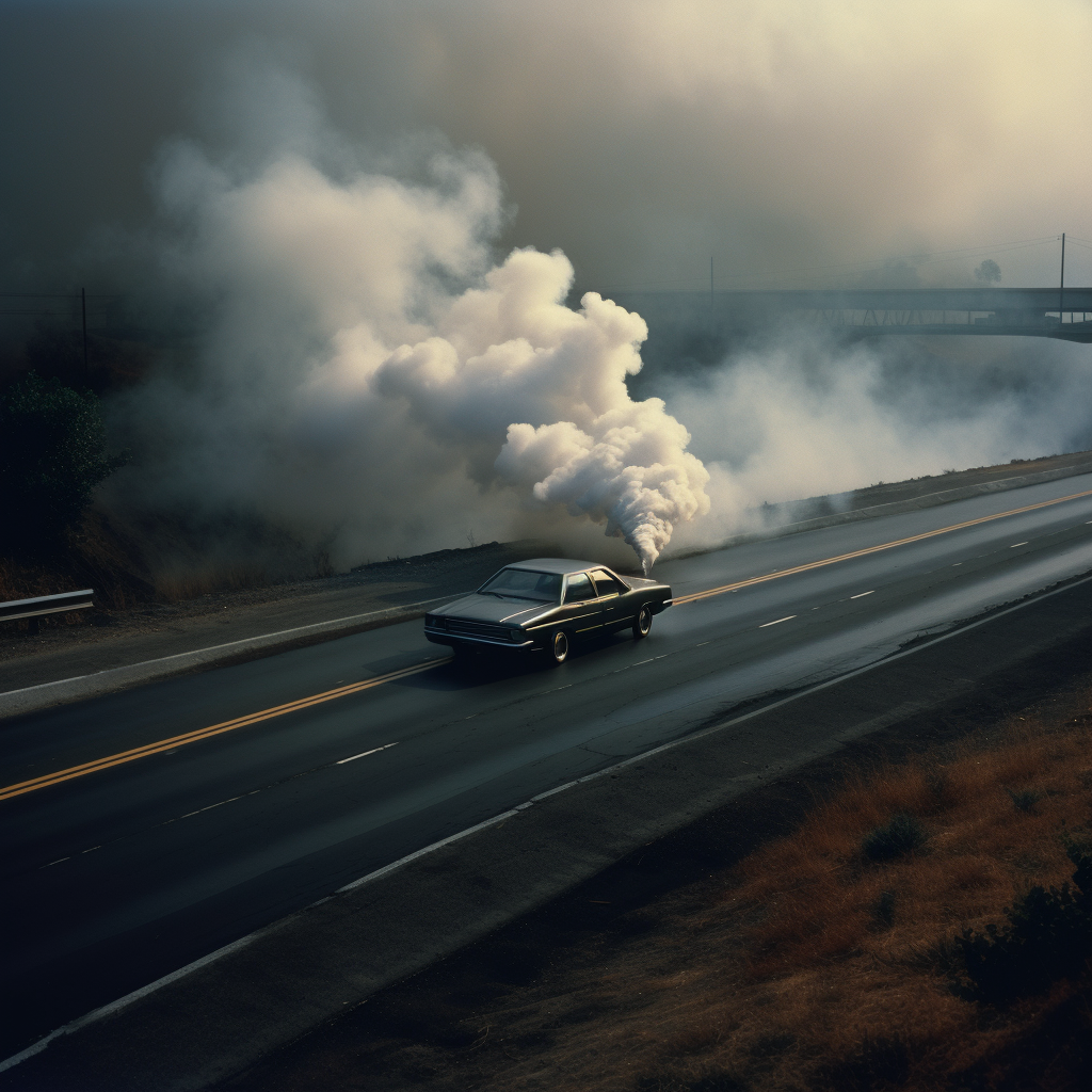 Sedan Car with Smoke on Highway