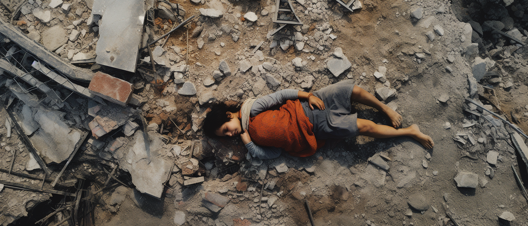 Mother and child in stone arms amidst a destroyed city