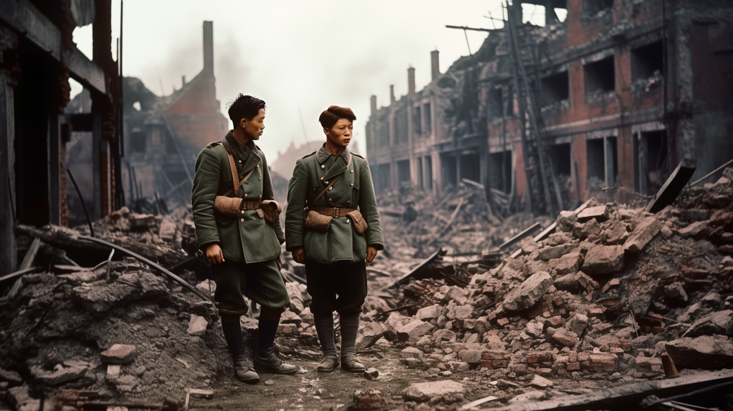 Japanese soldiers in a devastated city