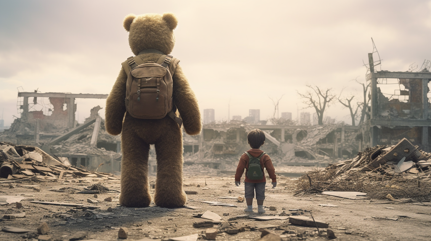 Teddy bear standing in front of destroyed city