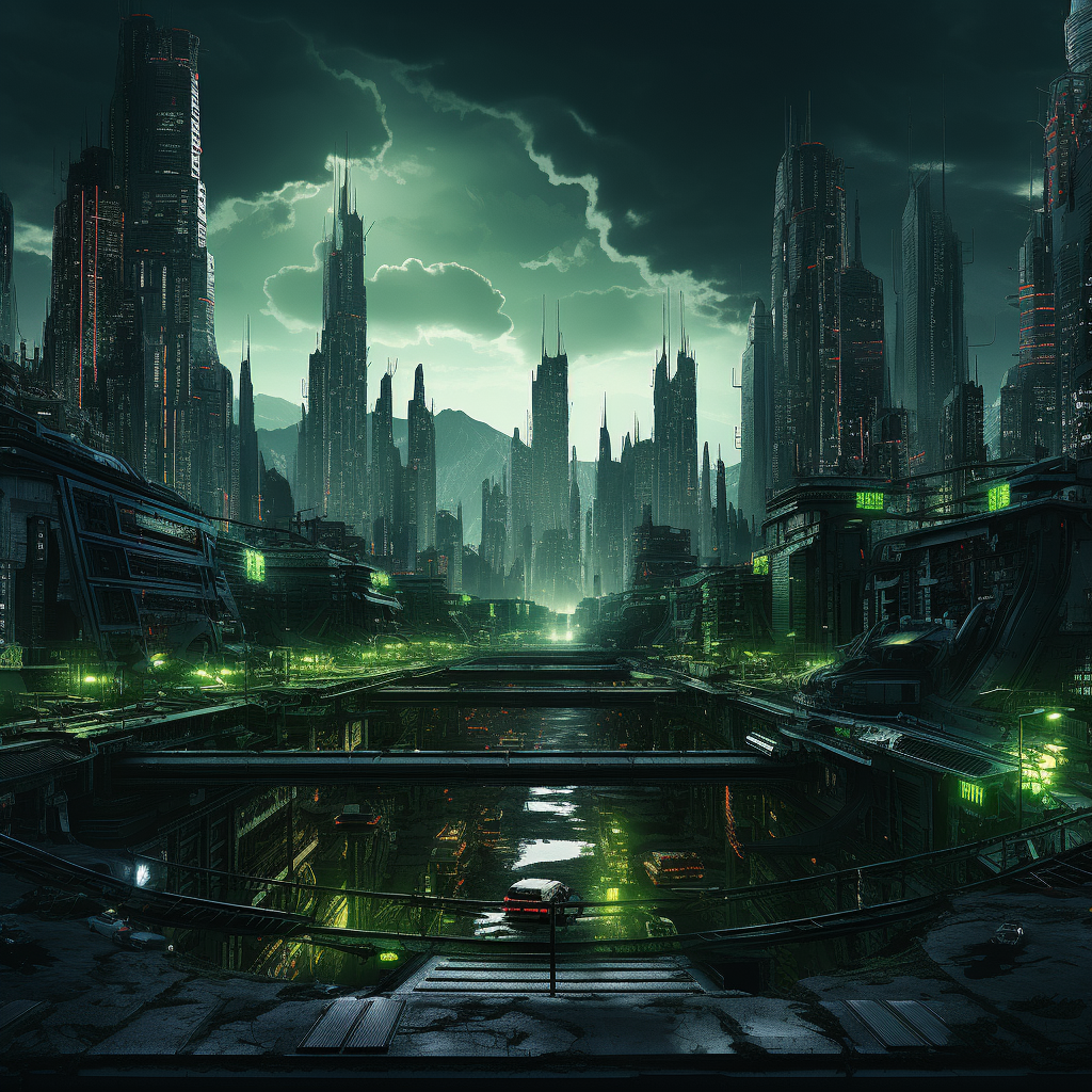 Dark Cyberpunk City with Neon Green Accents