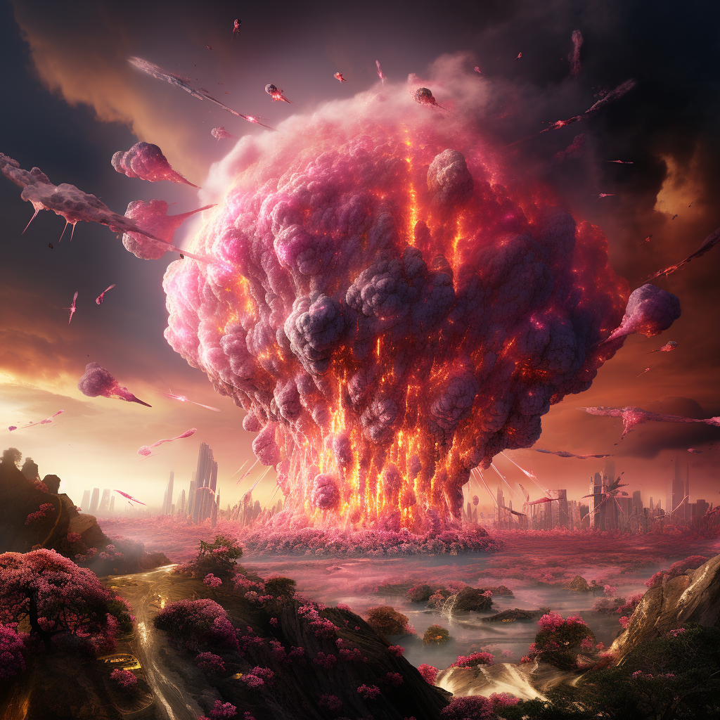 View of destroyed Earth with pink mushroom clouds