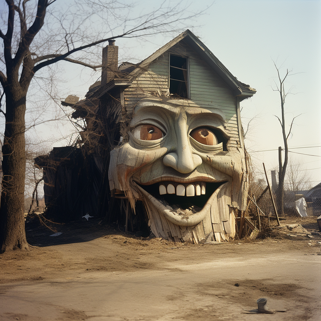 Terrifying destroyed house resembling a face