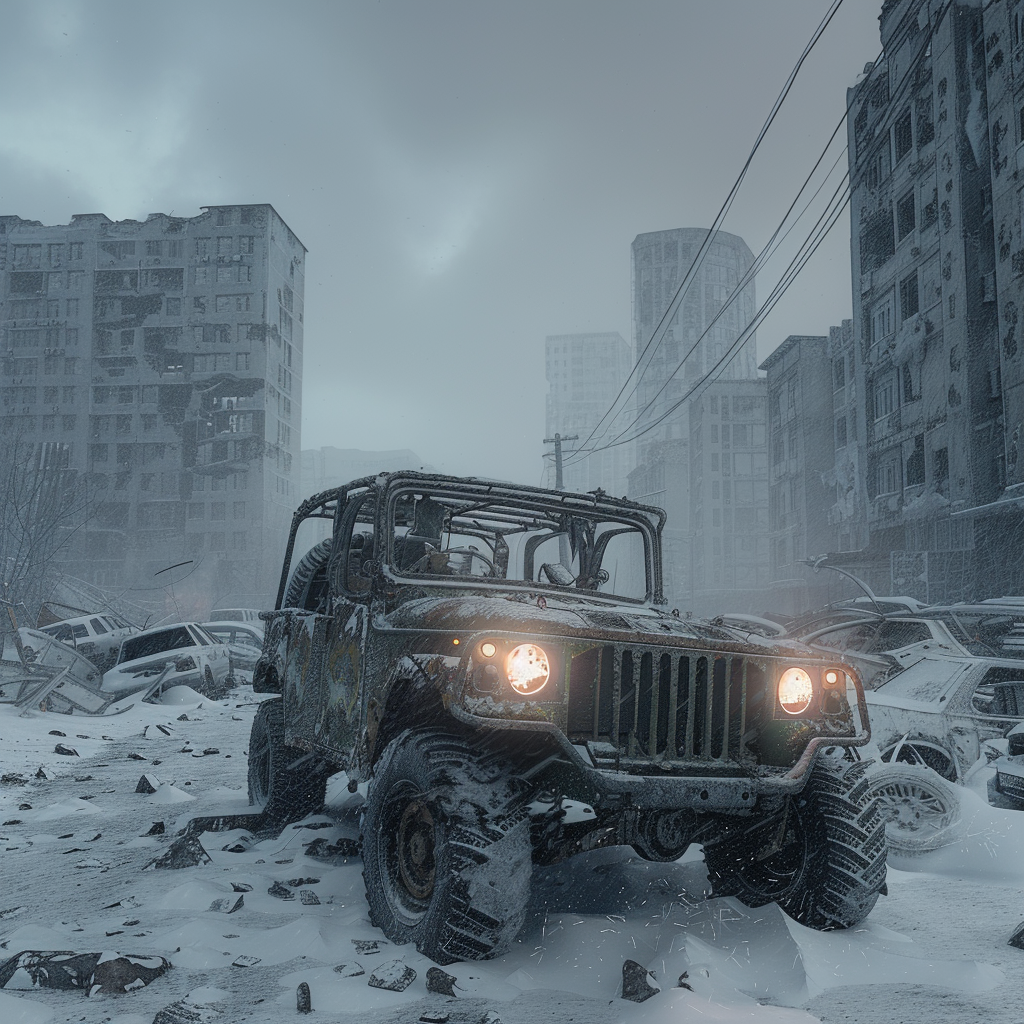 Post-apocalyptic Russian city with vehicle