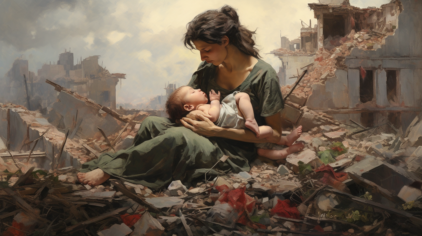 Mother and Child amidst City Destruction