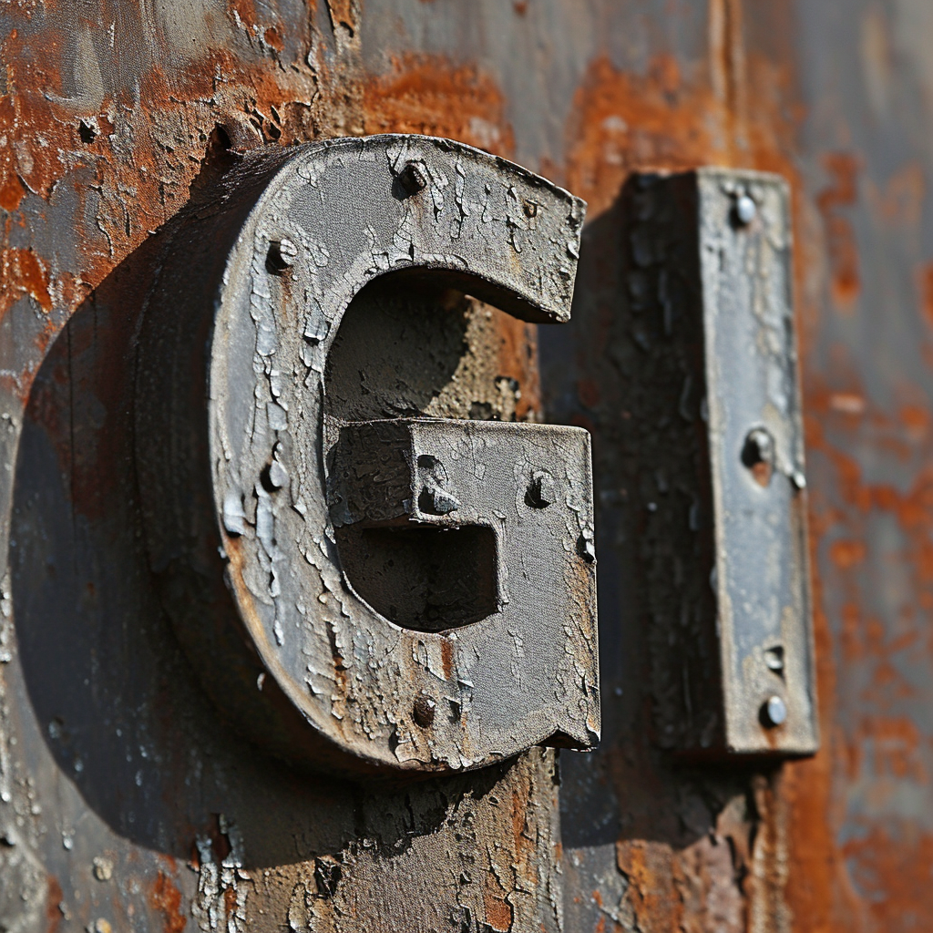 Detailed logo with  G I  subheading in Helvetica bold typeface made of corroded metal