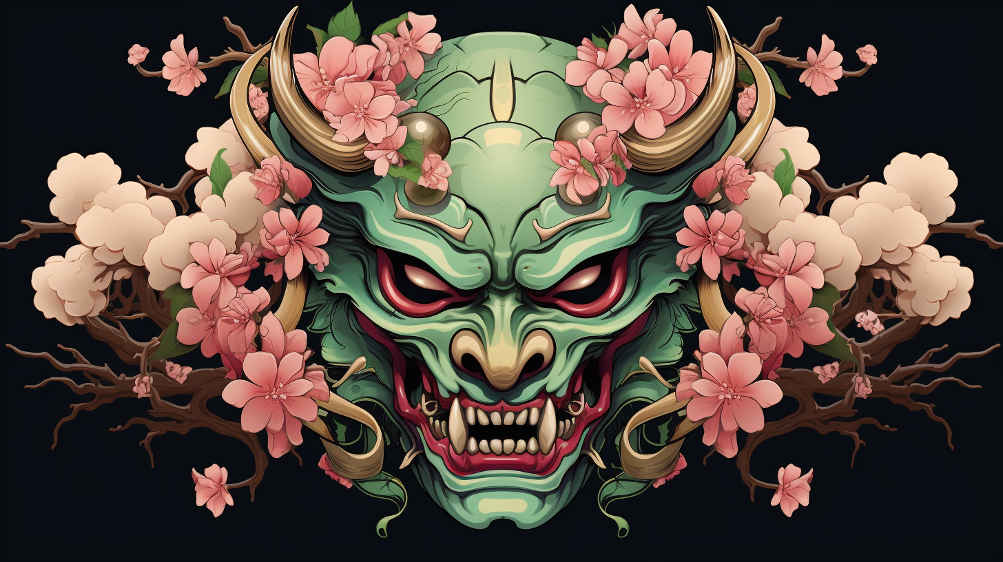 Detailed Oni Mask in Devilish Green, Pink, and Black