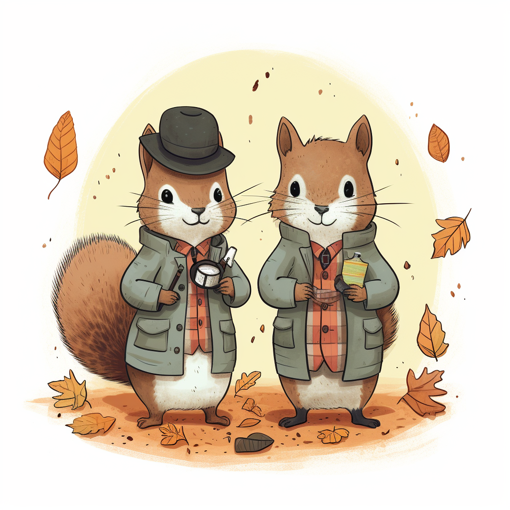 Two detective squirrels searching for clues in woods