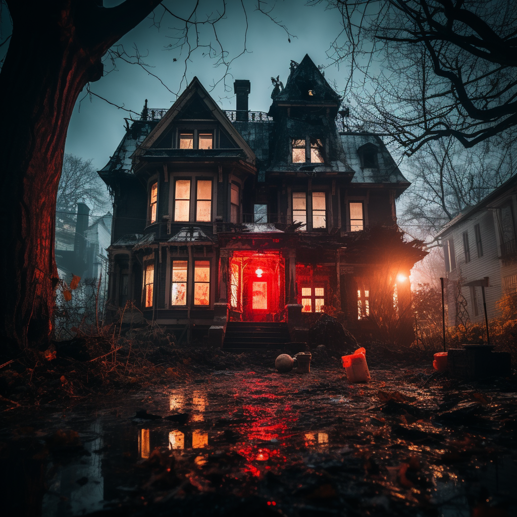 Eerie Victorian house with red lights