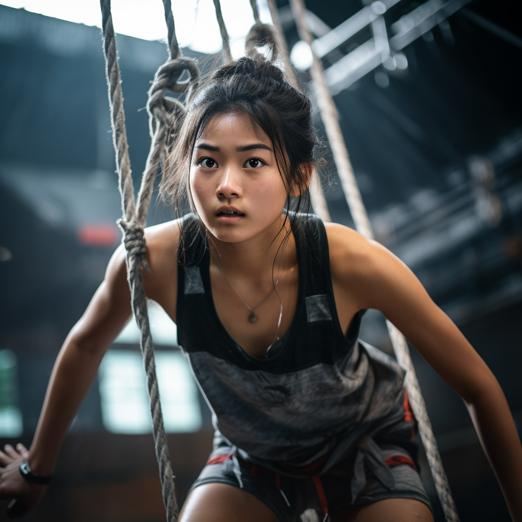 Asian Girl Competing in Rope Climbing