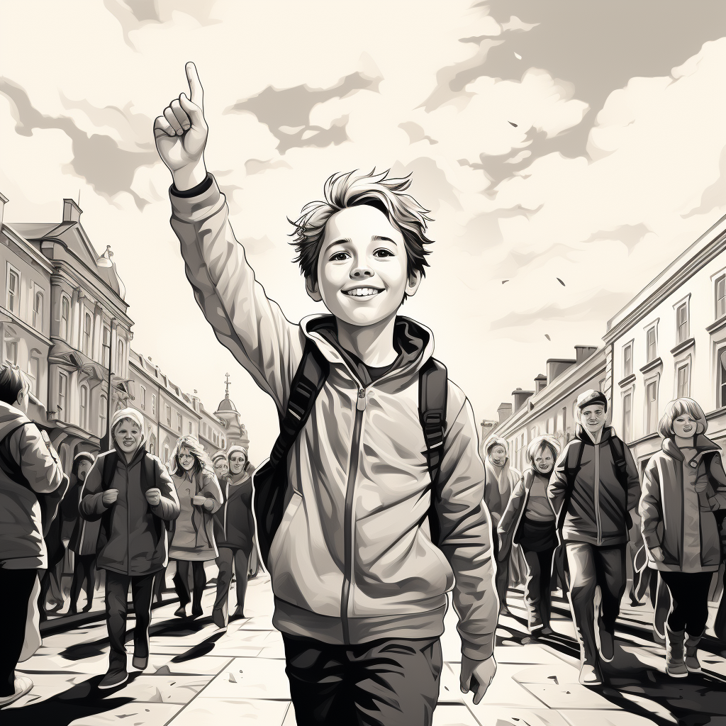 Young boy walking against celebrating crowd