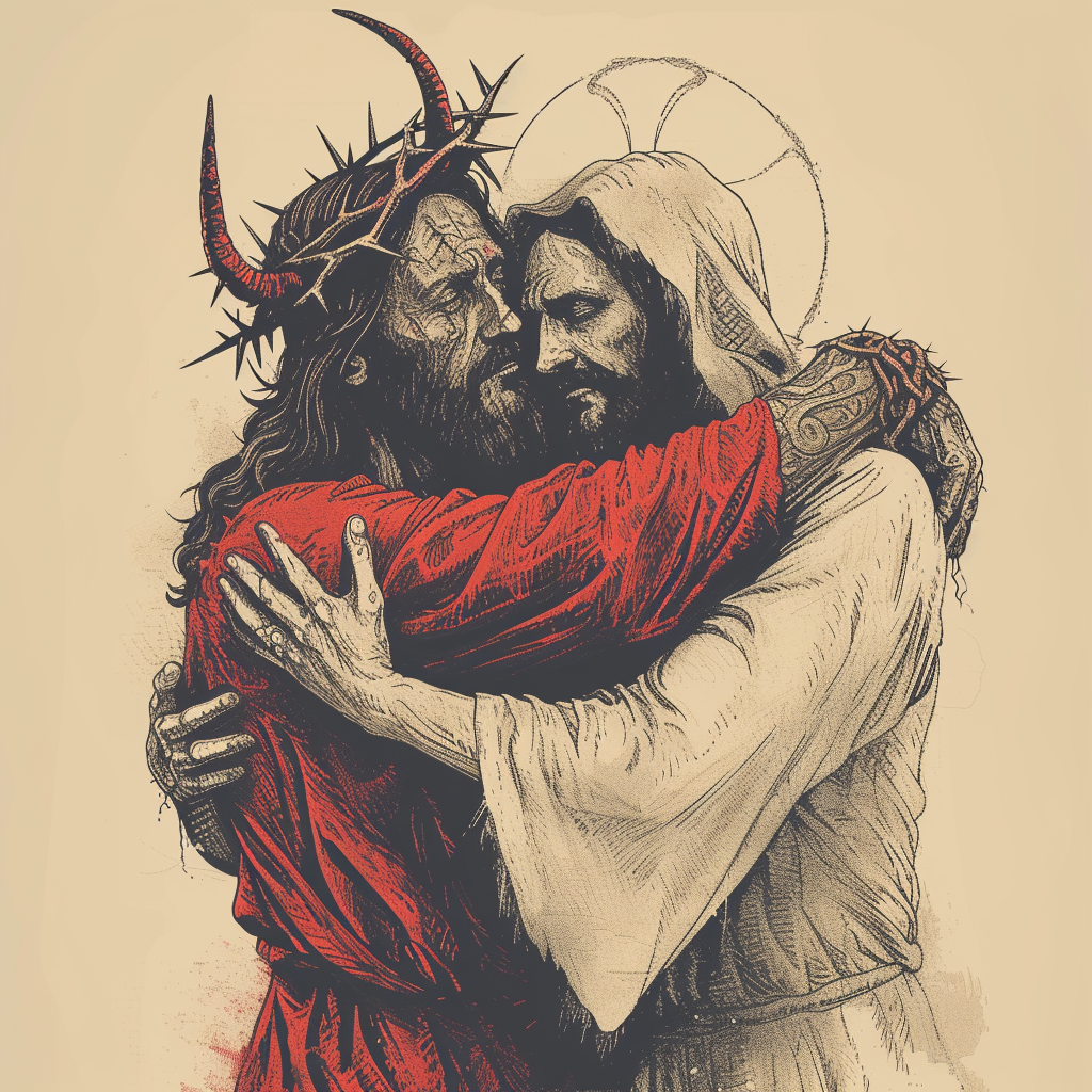 Devil and Jesus Hugging