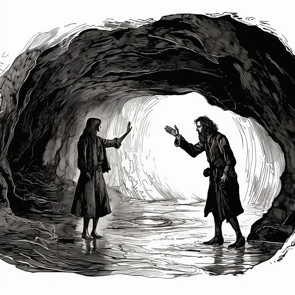 Devil man pointing woman to river transformation