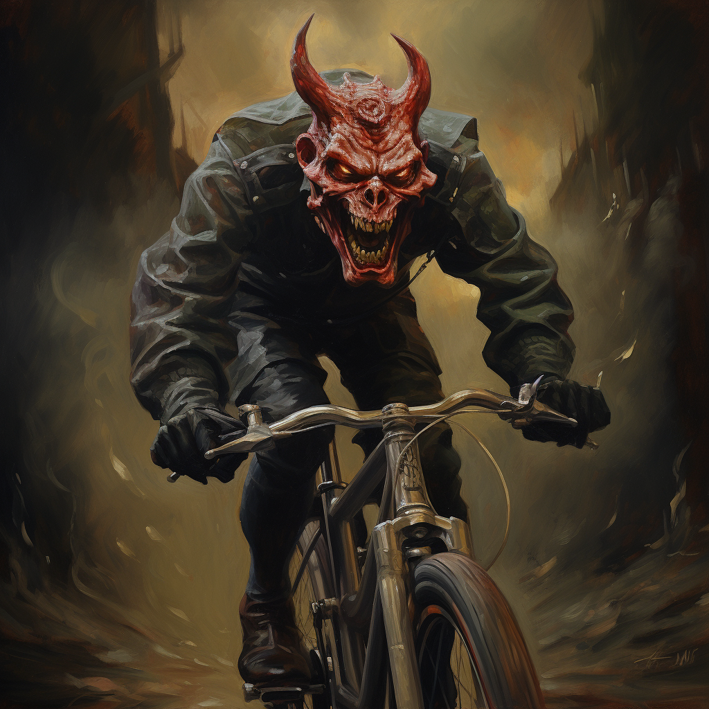 Devil riding a bicycle in a cartoon military uniform