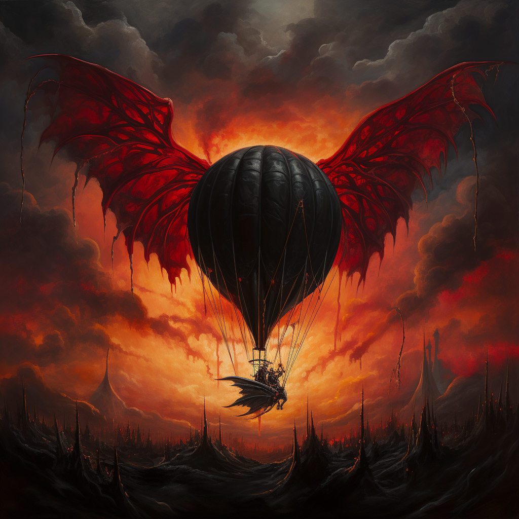 Devil riding red hot air balloon